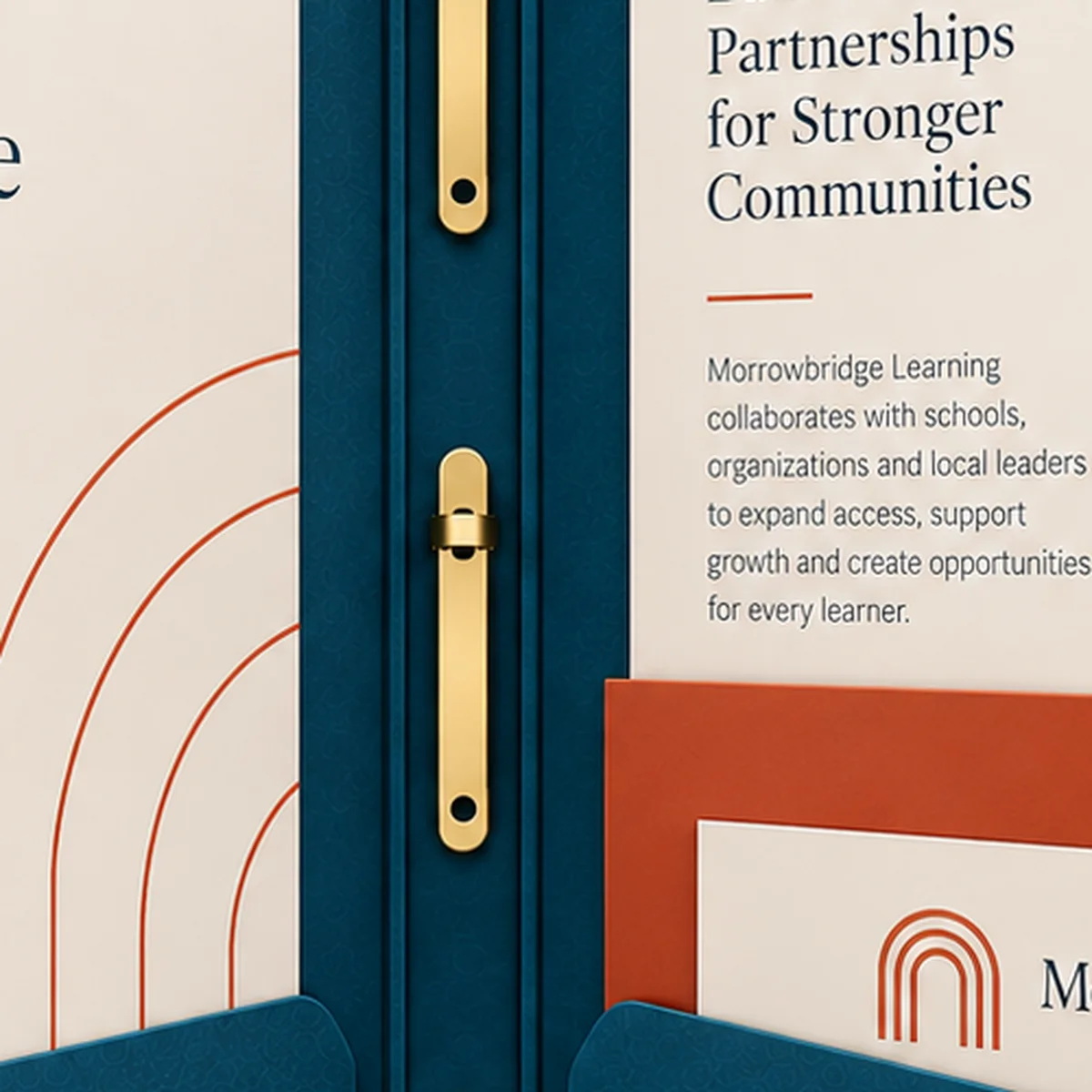 Close-up of gold-colored fastener strips along a textured teal folder spine, beside cream Morrowbridge Learning artwork.
