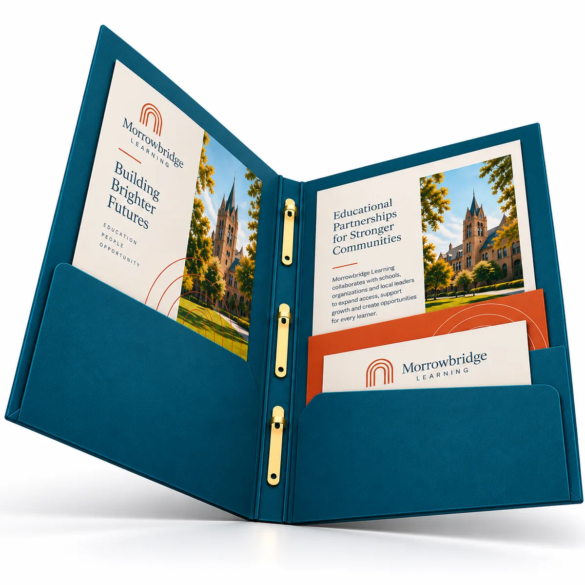 Angled open Morrowbridge Learning pocket folder with teal pockets, cream printed inserts, and gold-colored spine hardware.