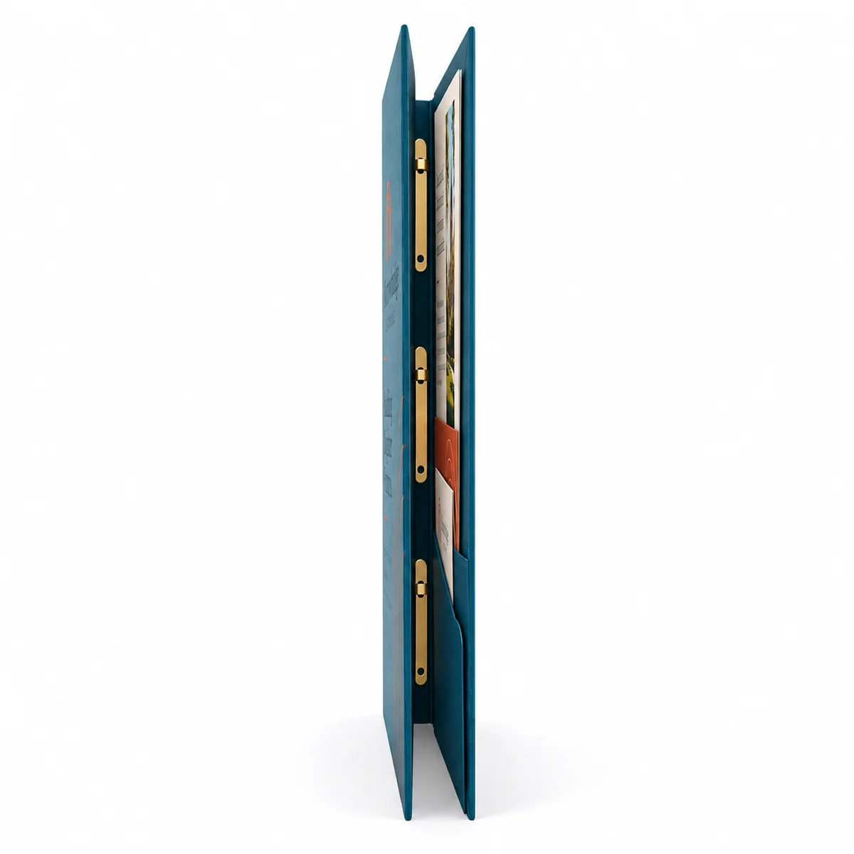 Side profile of an upright teal 3 prong pocket folder showing partly open covers, gold fasteners, and layered inserts.