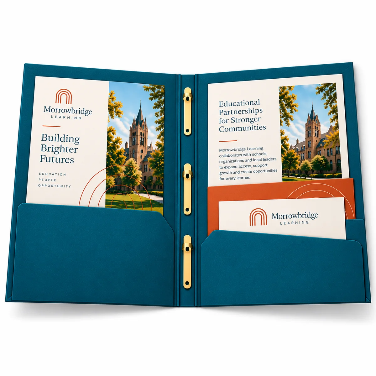 Overhead view of an open teal 3 prong pocket folder with two document pockets and three gold-colored fastener strips.