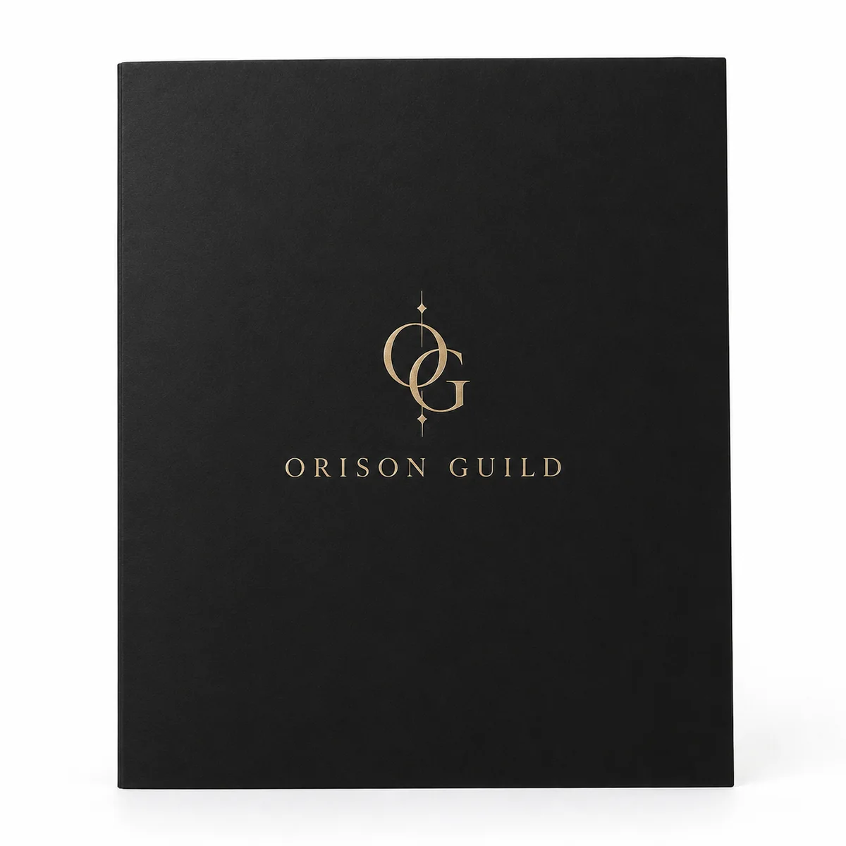 Straight-on view of a matte black Orison Guild presentation folder with a centered gold monogram and elegant serif lettering.
