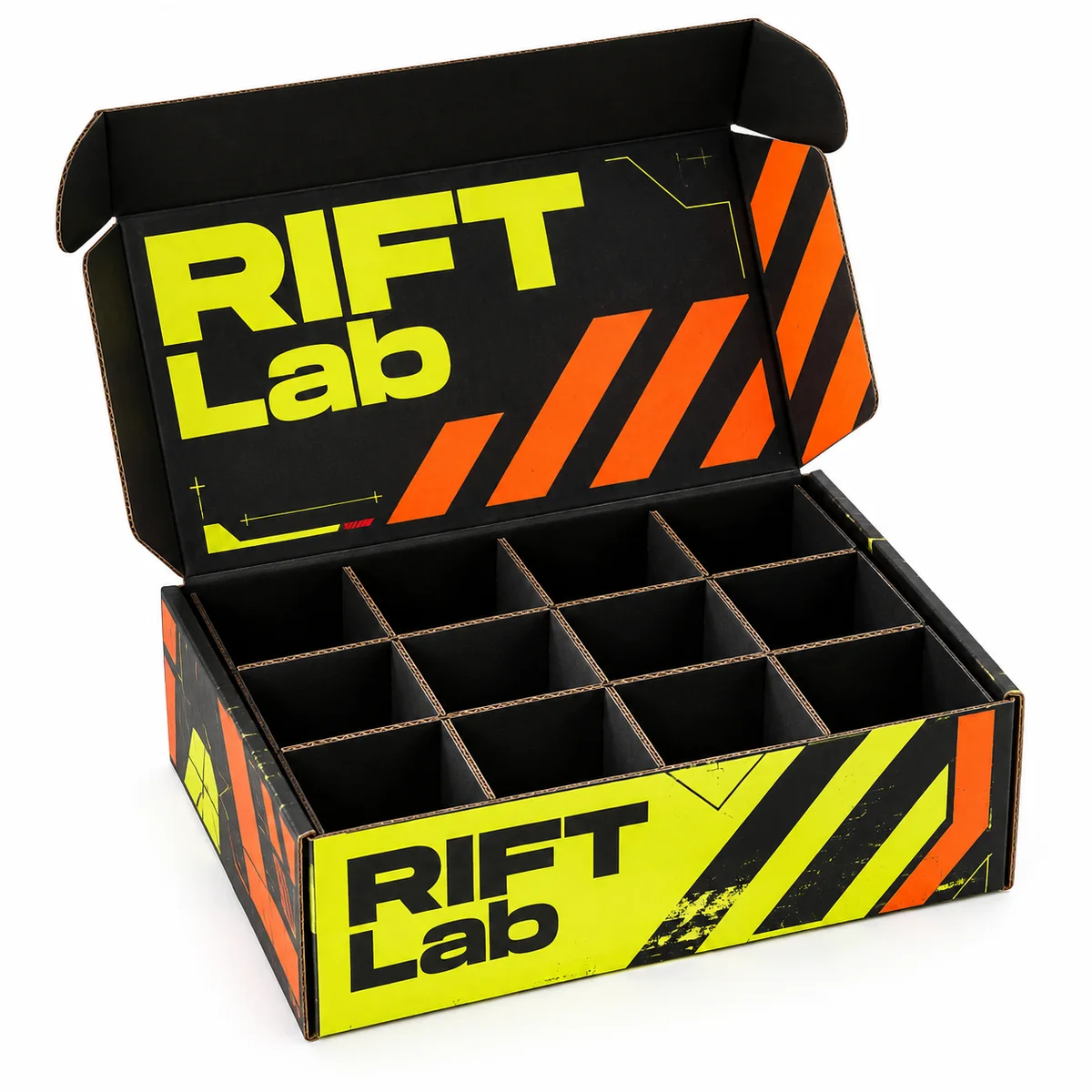 Black RIFT Lab cardboard box with twelve compartments, oversized yellow lettering, orange warning stripes, and an open lid.