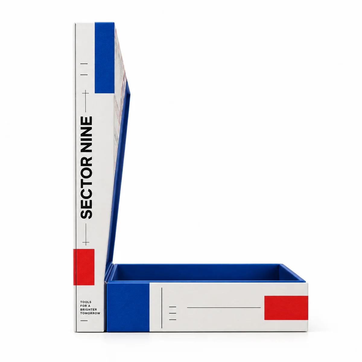Side-profile view of an open Sector Nine book-style rigid box with cobalt blue interior, white panels, red accents, and bold typography.
