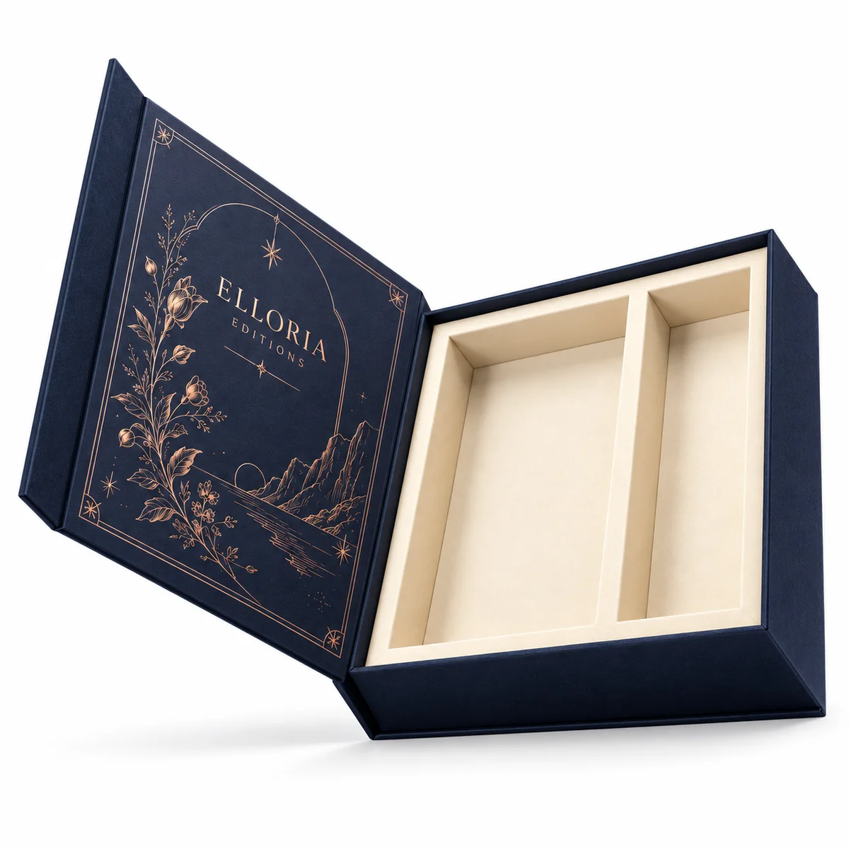 Open navy book-style rigid box with copper botanical artwork, raised hinged cover and two recessed ivory compartments.