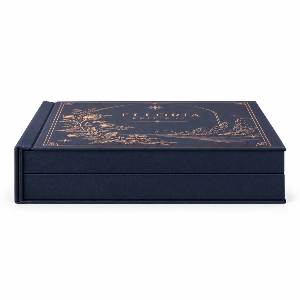 Side profile of a closed navy book-style rigid box showing the hardcover spine, copper cover artwork and lid seam.