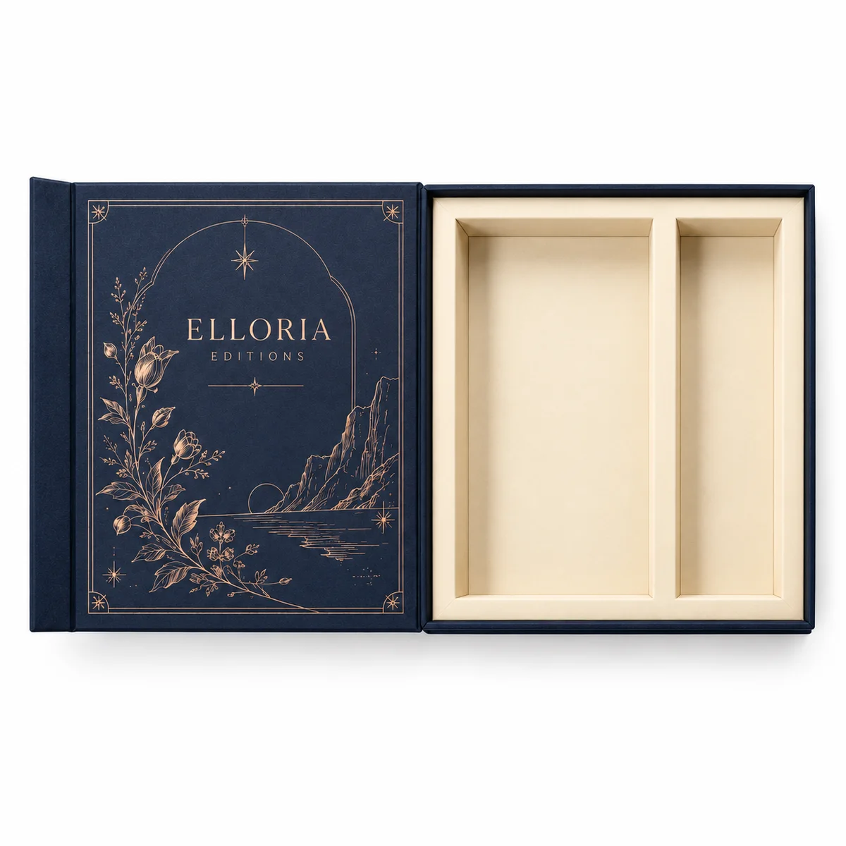 Top-down view of an open Elloria Editions book-style rigid box with copper printed lid and fitted ivory insert.
