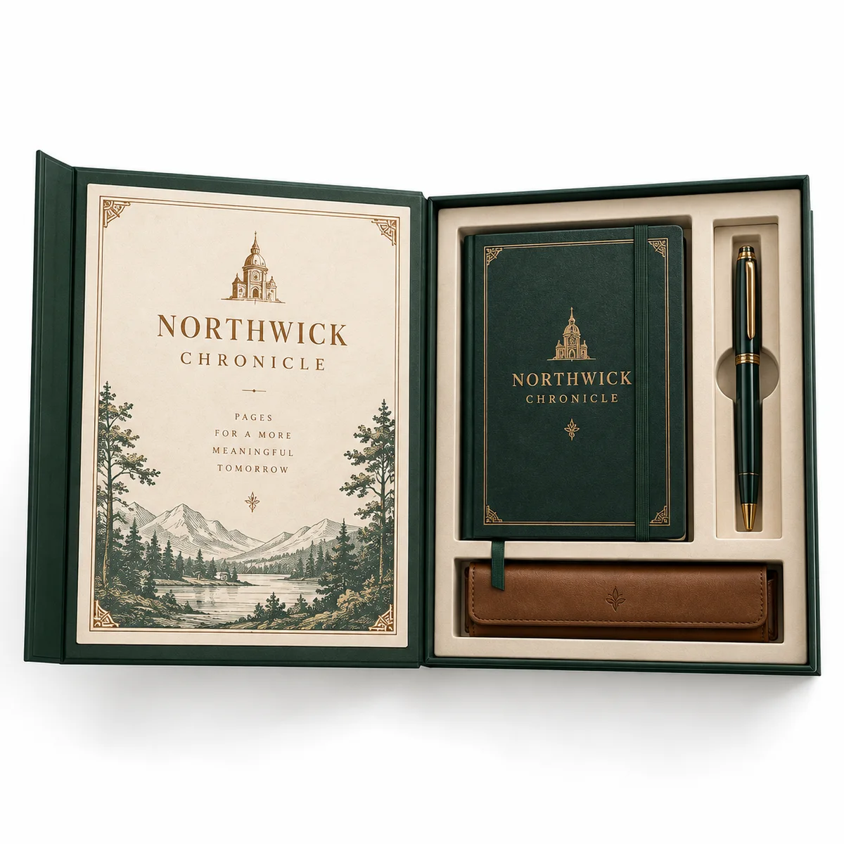 Top-down view of a forest-green Northwick Chronicle book-style gift box with printed inner cover, journal, pen and leather pouch.