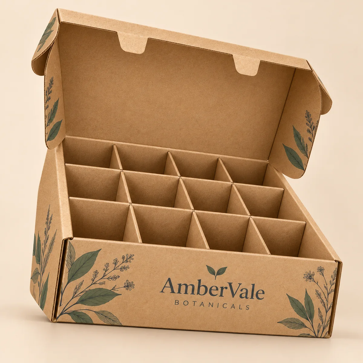 Angled front view of an open kraft cardboard box with twelve divider cells and green botanical illustrations.