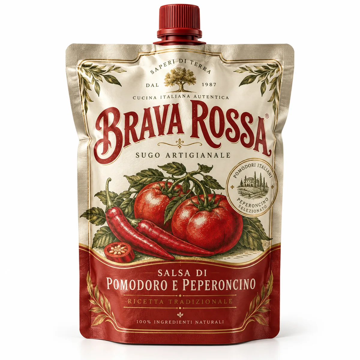 Vintage-style aluminum foil spout pouch with red cap, engraved tomato and chili illustrations, and BRAVA ROSSA branding