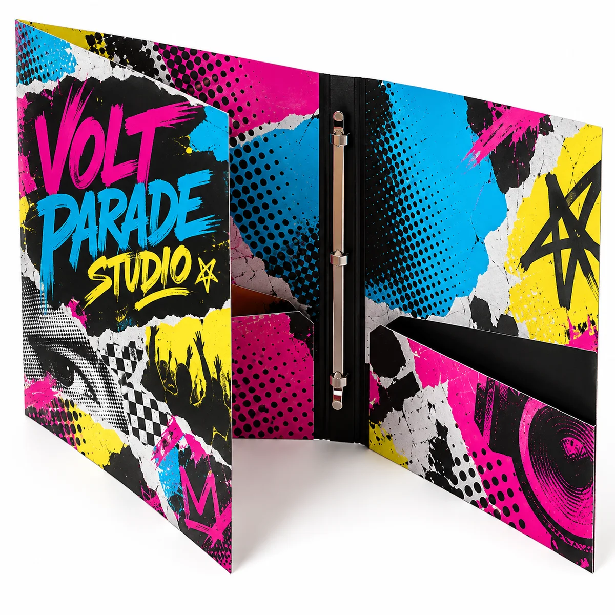 Angled open Volt Parade Studio pocket folder with vivid magenta, cyan, yellow, and black collage graphics and metal fasteners.