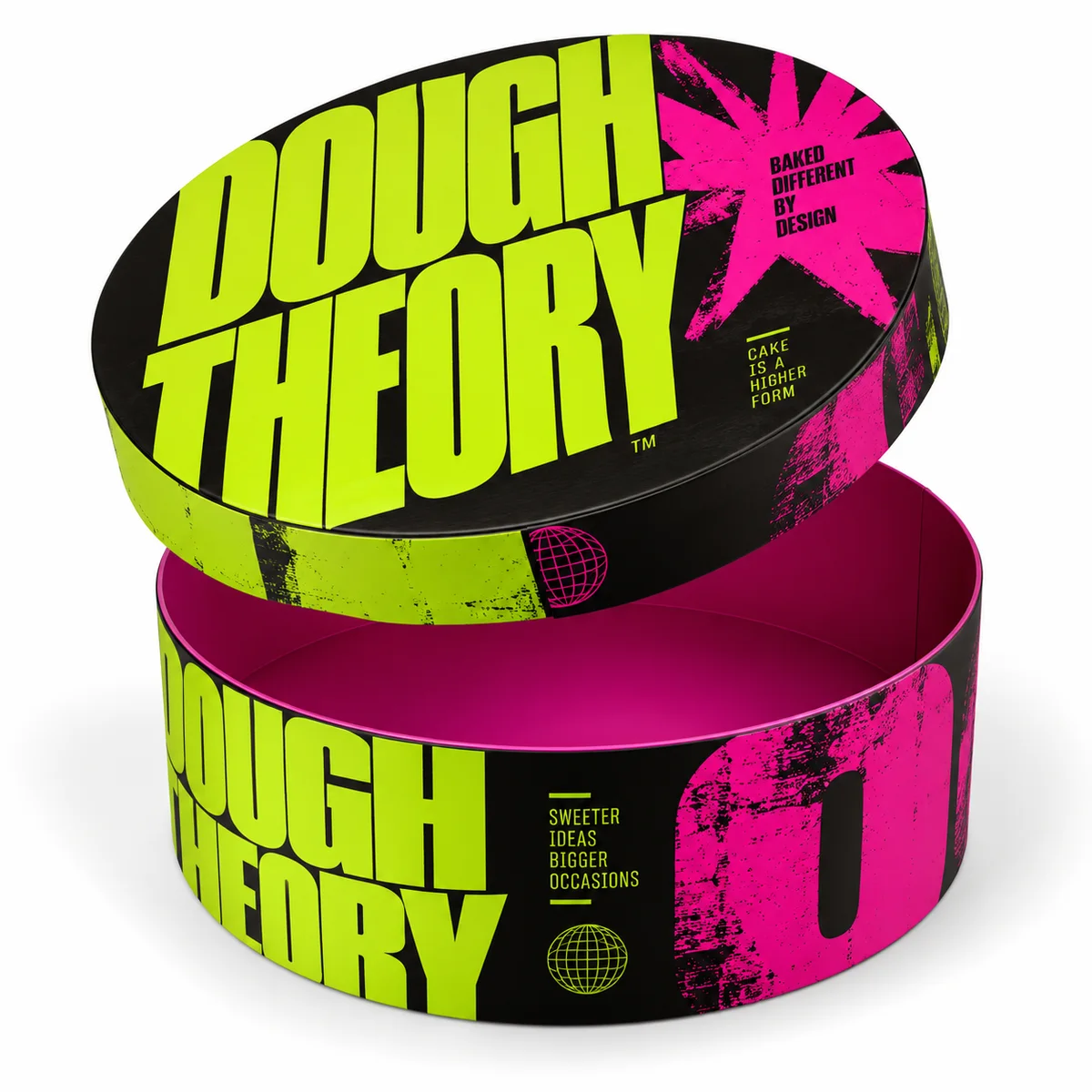 Open round cake box with DOUGH THEORY branding, oversized neon-green typography, magenta graphics, and bright pink interior