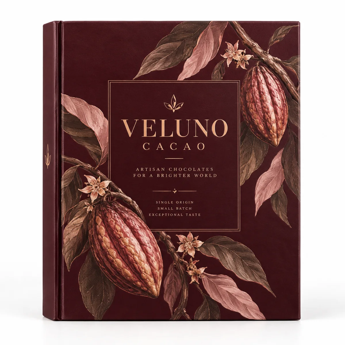Closed burgundy book-style rigid chocolate box with Veluno Cacao branding, illustrated cocoa pods and elegant cover details.