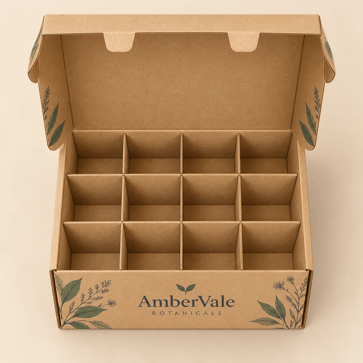 Straight-on view of a branded cardboard box with twelve kraft compartments, open hinged lid, and botanical illustrations.