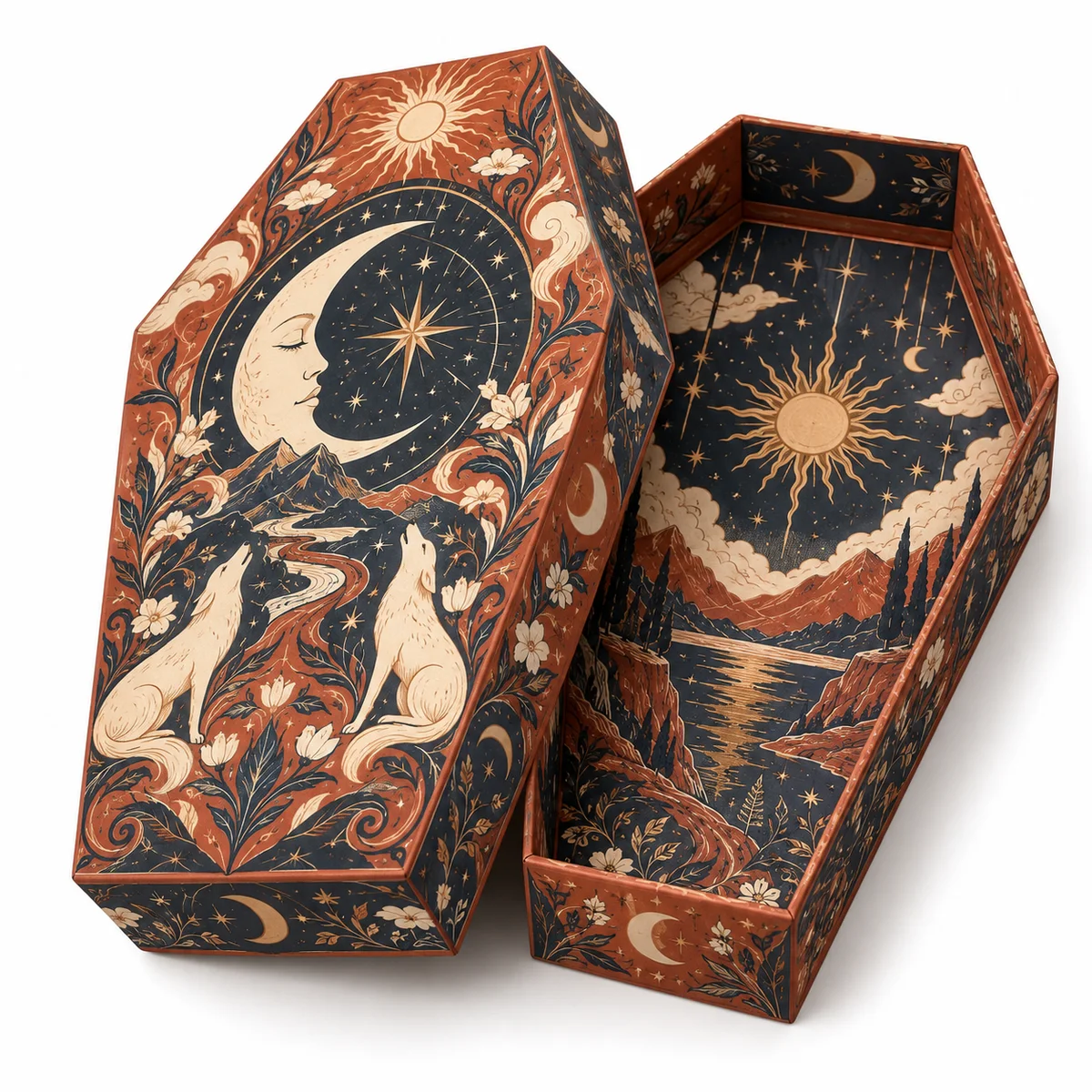 Open terracotta coffin gift box with illustrated moon, sun, mountain landscapes, and detailed artwork inside.