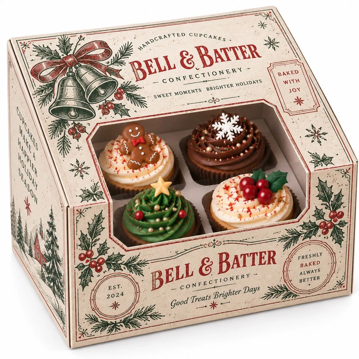 christmas cupcake boxes vintage bell window
