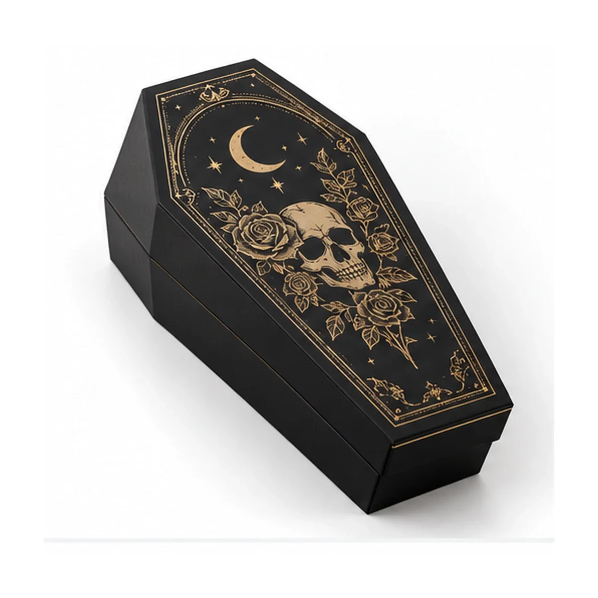 Black coffin-shaped gift box with gold skull, rose and crescent artwork, photographed from an elevated three-quarter angle.