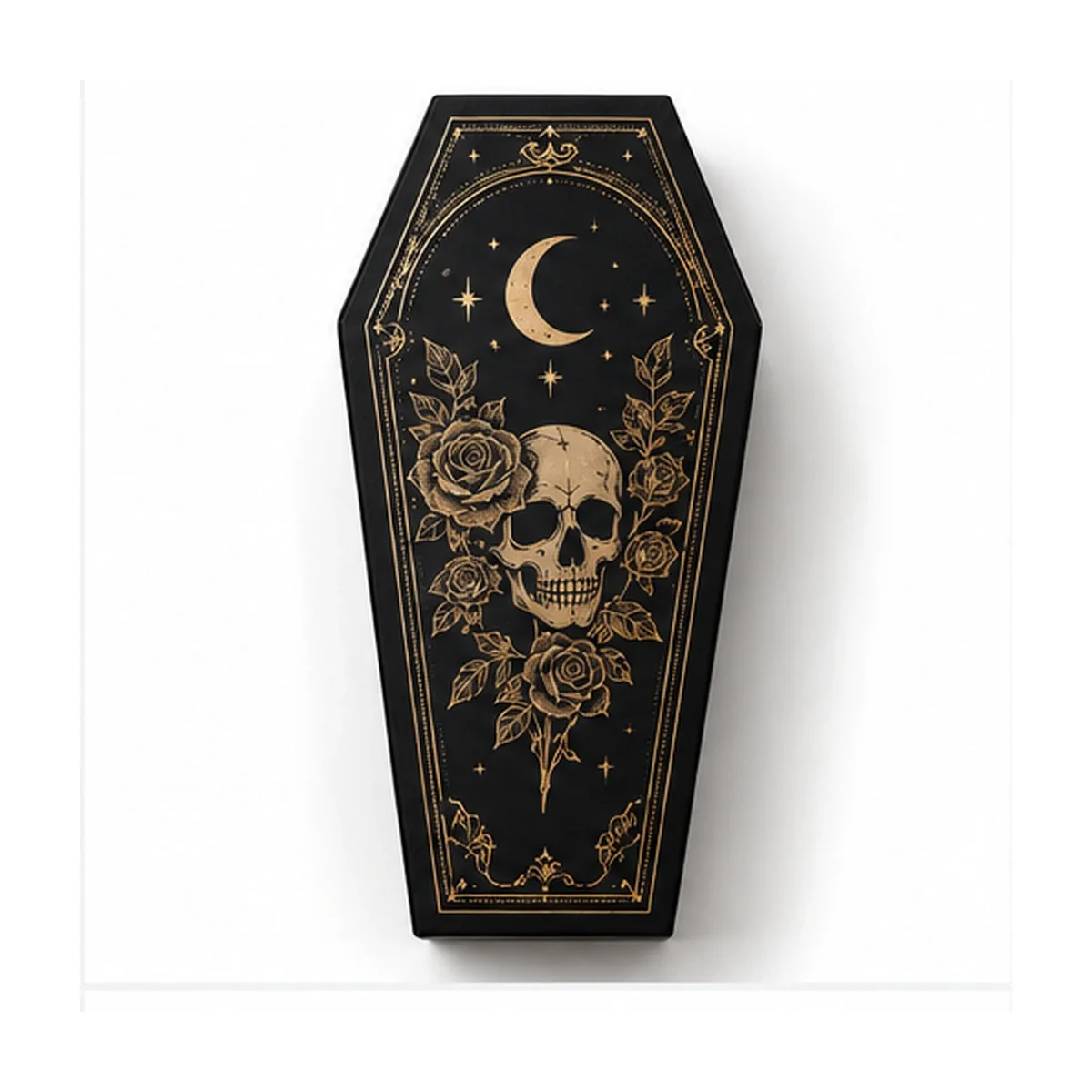 Top-down view of a black coffin gift box lid with gold crescent moon, skull, roses and ornate printed border.