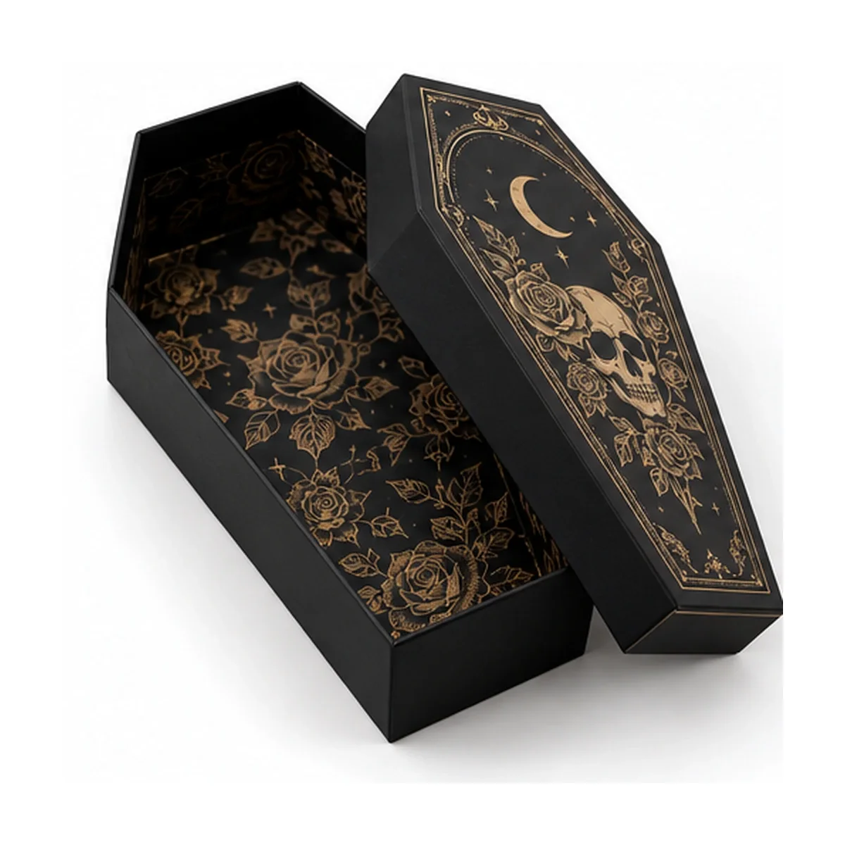 Open black coffin-shaped gift box with a separate printed lid and gold botanical pattern across the interior.