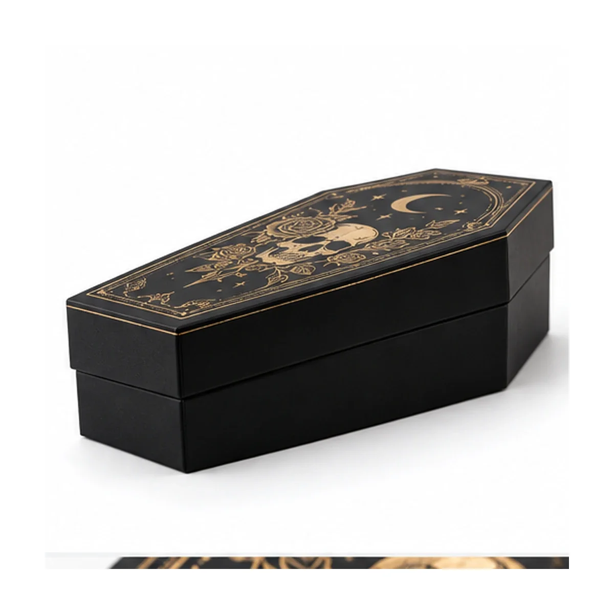Low side view of a closed matte black coffin gift box showing its fitted lid, deep walls and gold printed top.