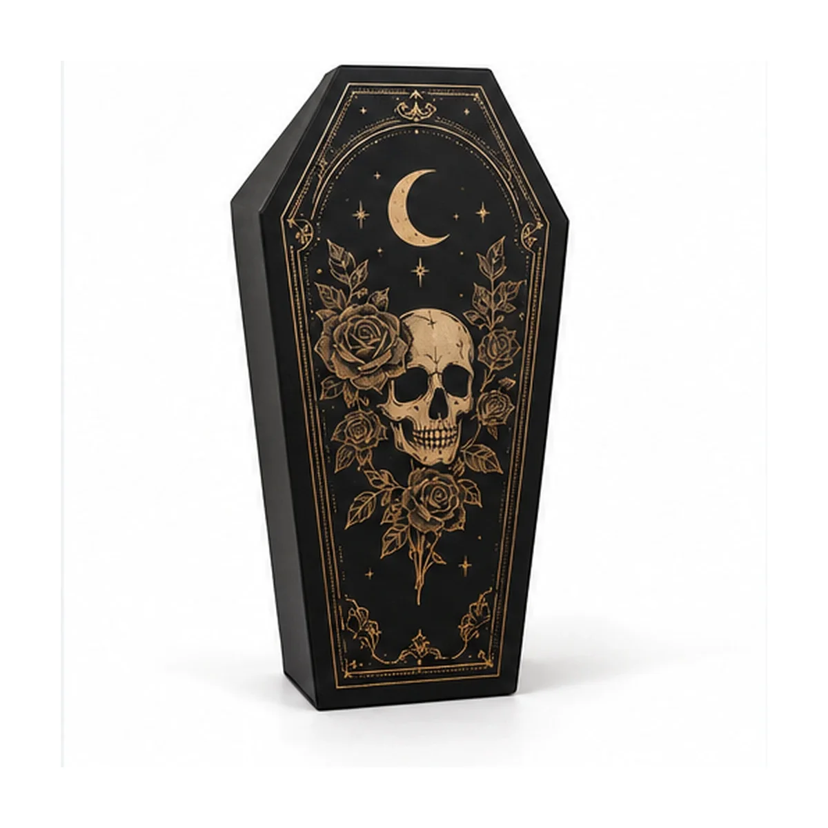 Straight-on upright view of a black coffin-shaped gift box with gold skull, rose and crescent artwork on its lid.