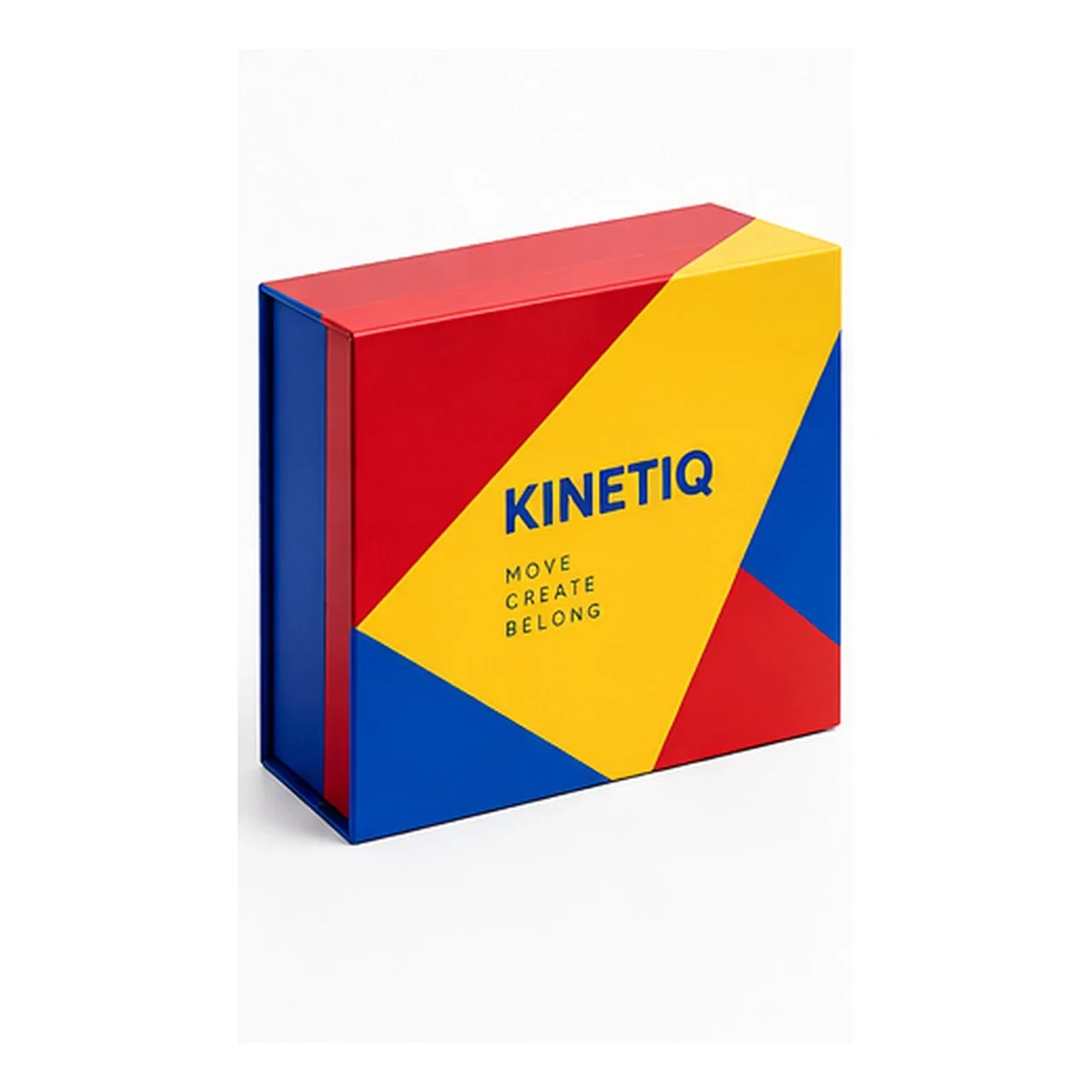 Closed KINETIQ magnetic gift box with bold red, royal-blue, and yellow diagonal color-block artwork.