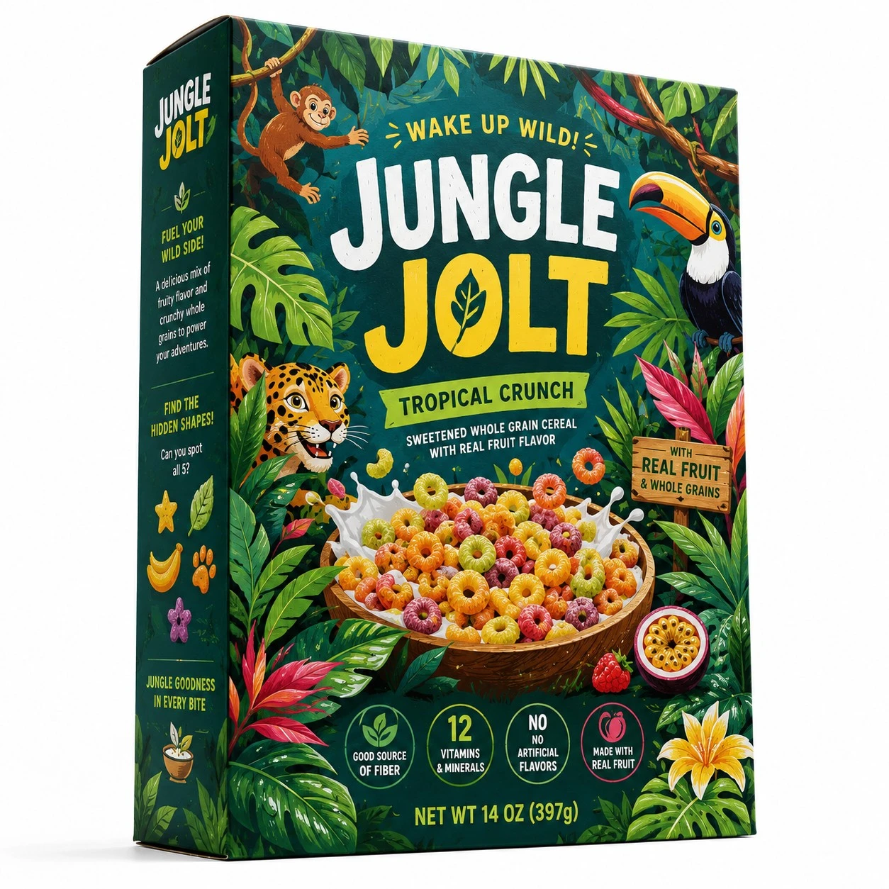colorful cereal boxes jungle illustration