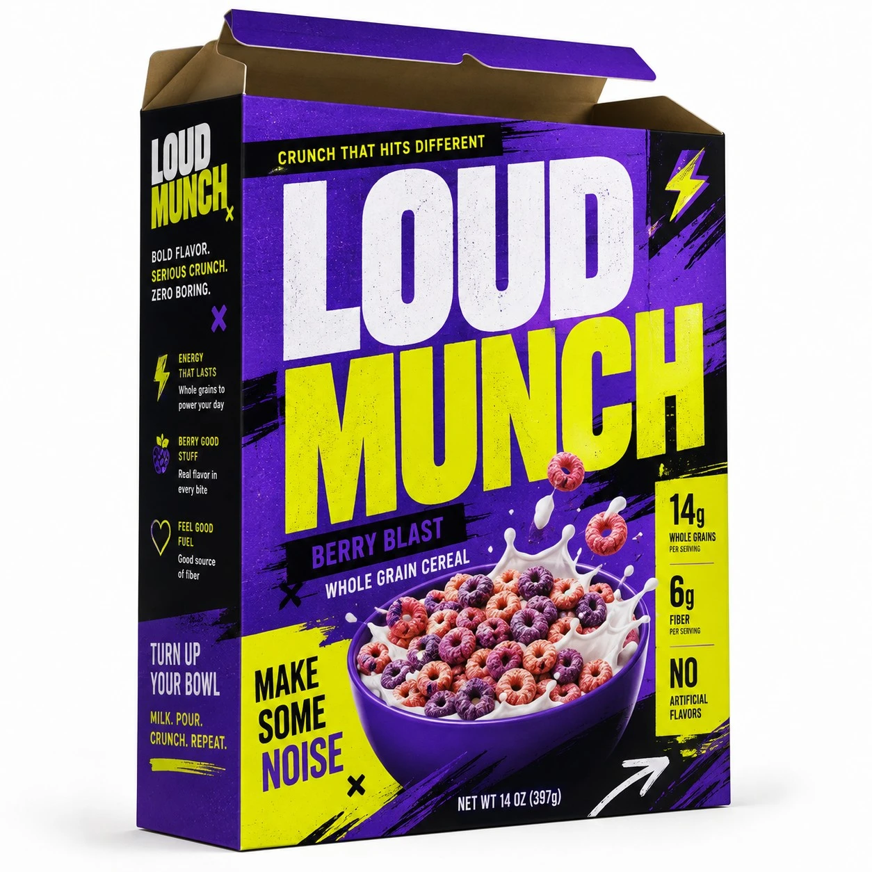 colorful cereal boxes loud munch open top