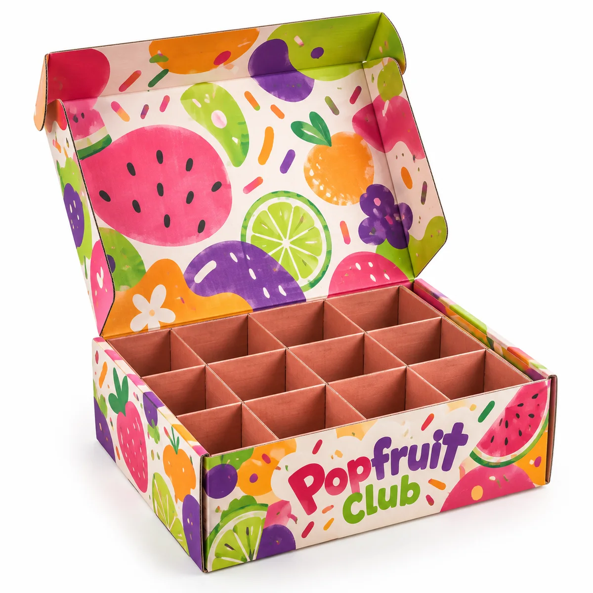 Open Popfruit Club cardboard box with separate compartments and playful pink, lime, orange, and purple fruit illustrations.