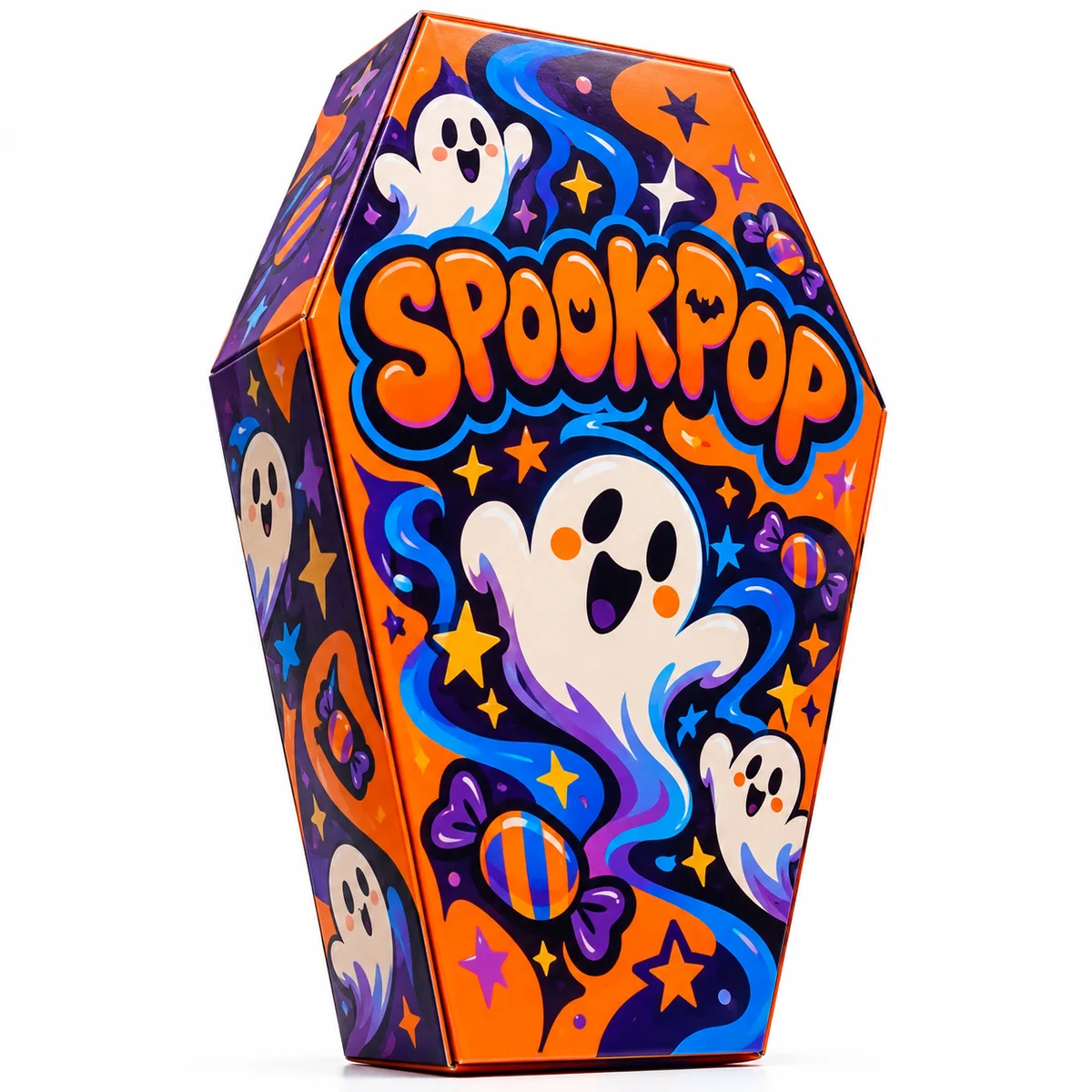 Bright orange coffin gift box featuring playful white ghosts, purple accents, blue swirls, and candy illustrations.