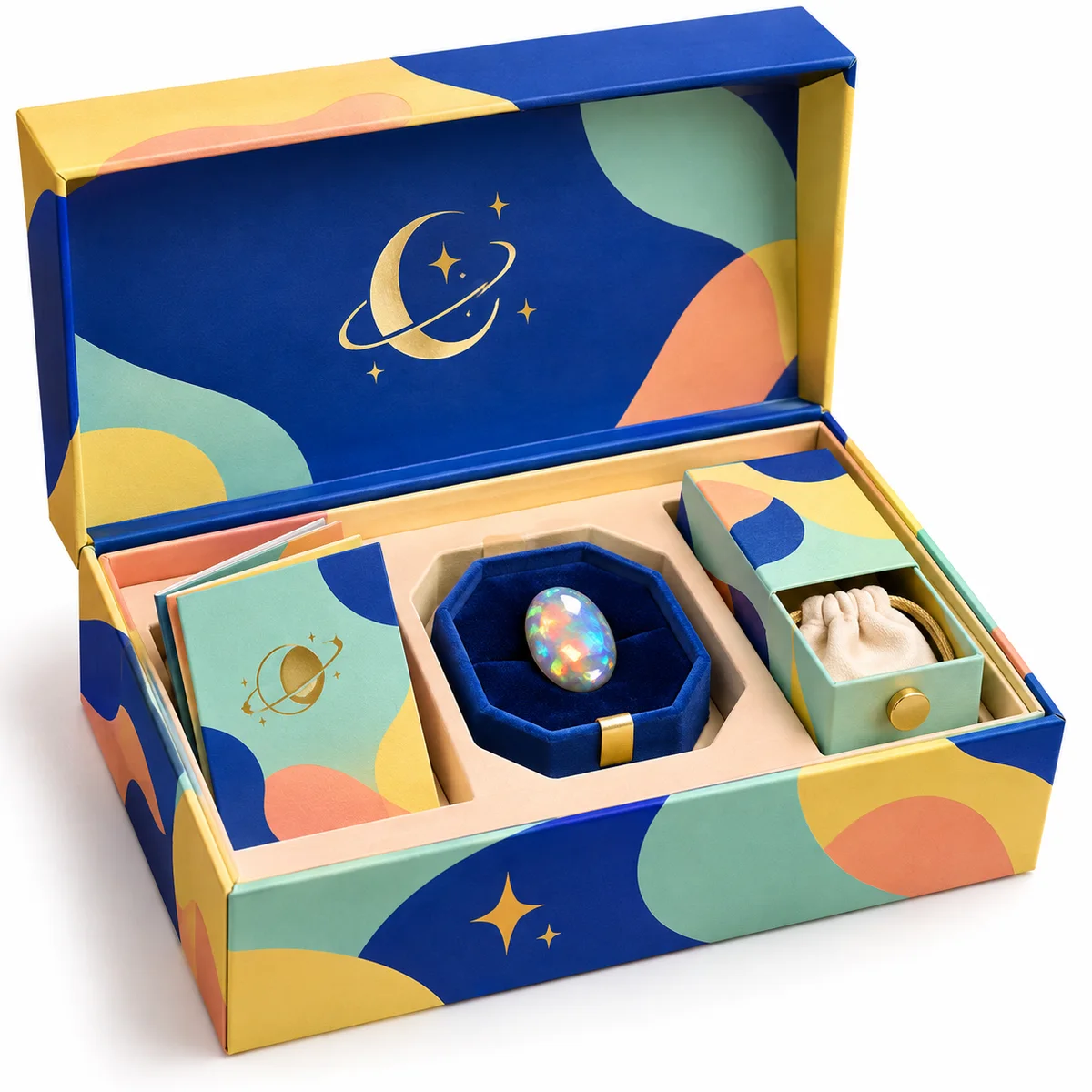 Colorful hinged gemstone gift box with a central opal-like stone, matching booklet and small accessory drawer.