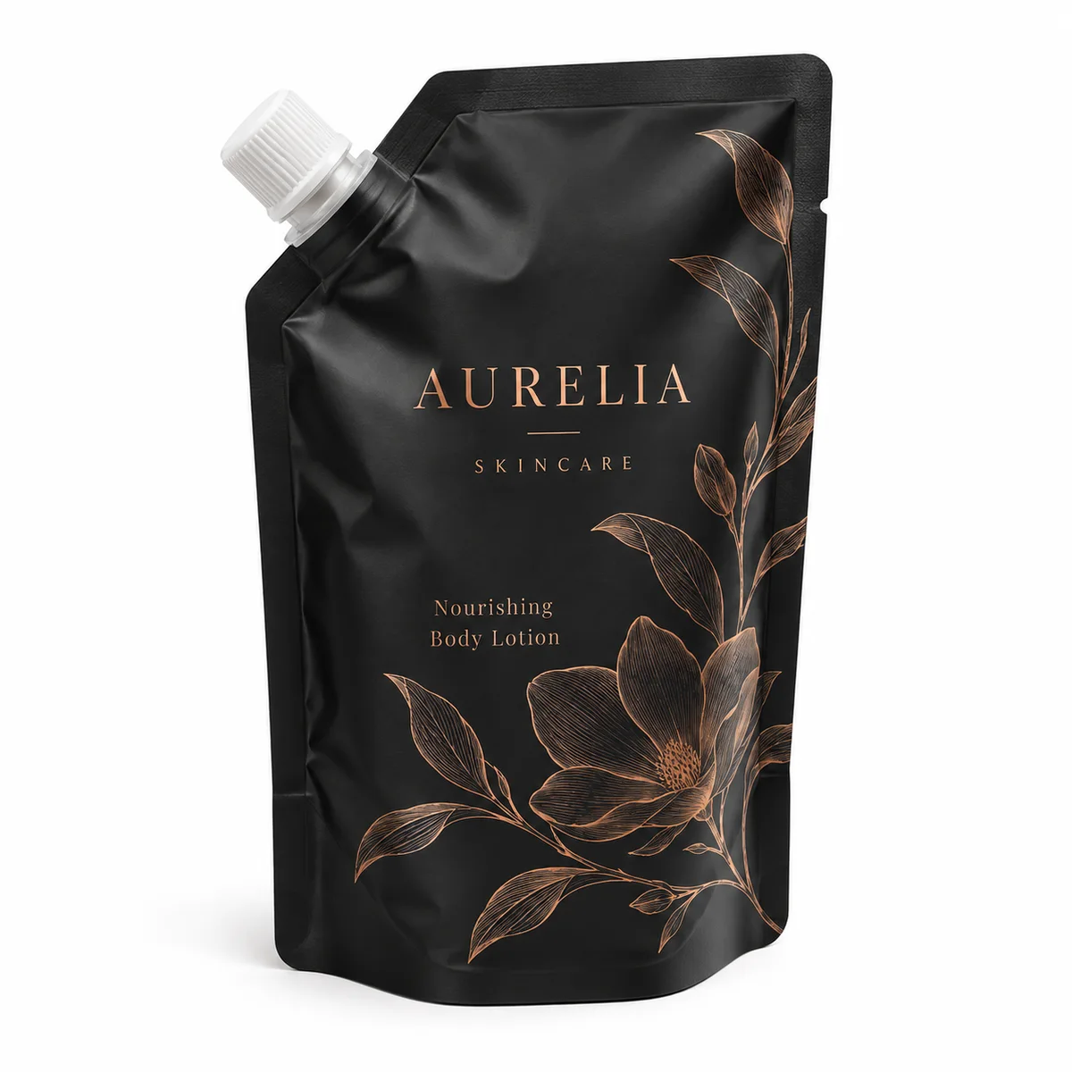 Matte charcoal AURELIA cosmetic spout pouch with copper botanical artwork and a white screw cap.