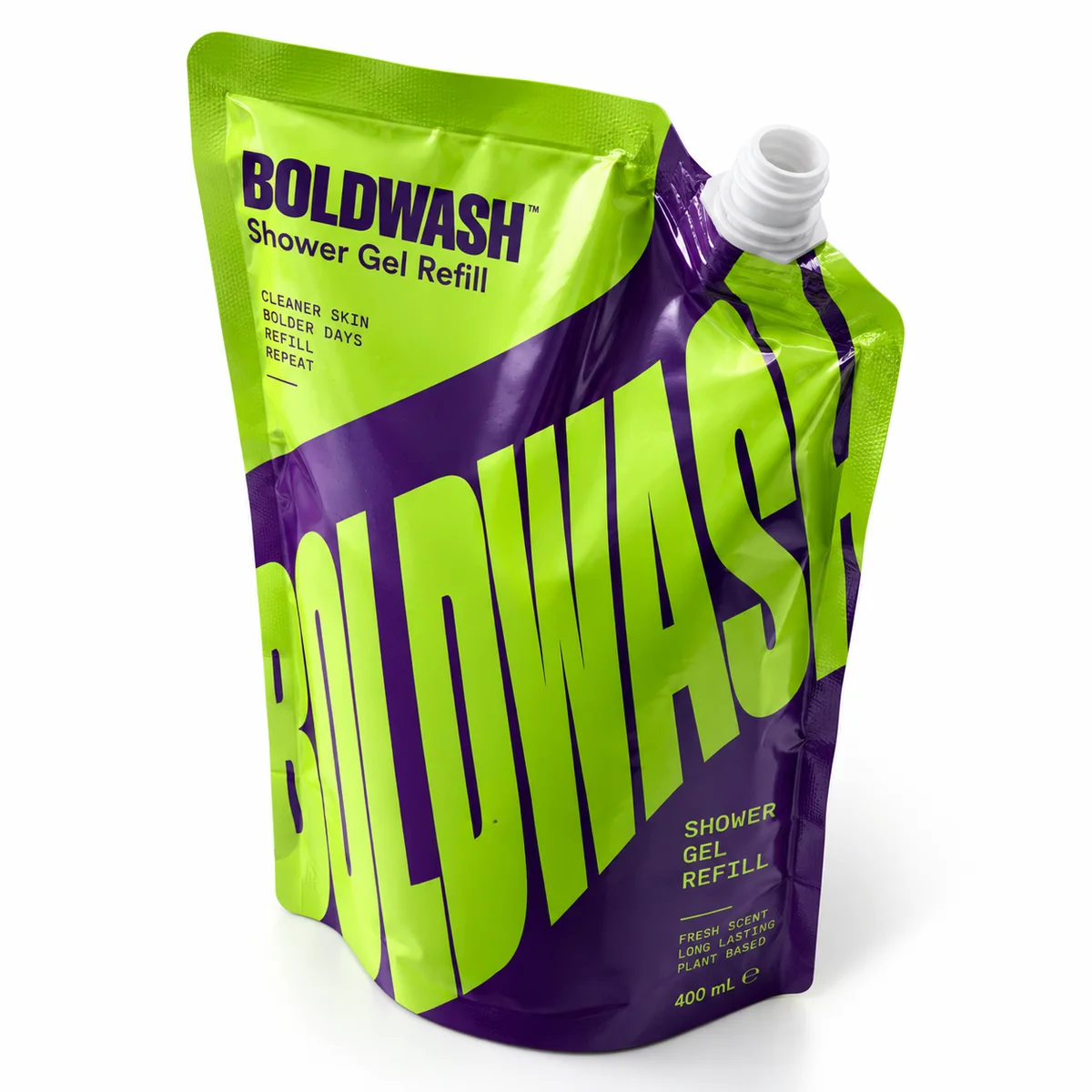 Neon lime and purple BOLDWASH shower gel refill pouch with oversized lettering and an open white spout.