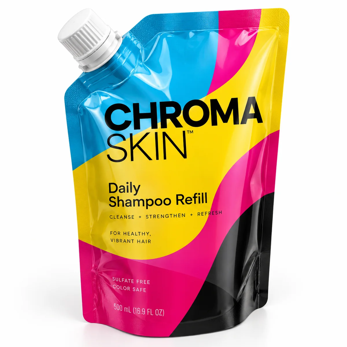 CHROMA SKIN shampoo refill pouch with cyan, magenta, yellow and black graphics and a white corner cap.