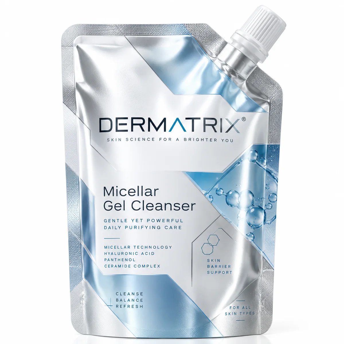 Silver and pale blue DERMATRIX micellar cleanser pouch with geometric graphics and a white screw cap.