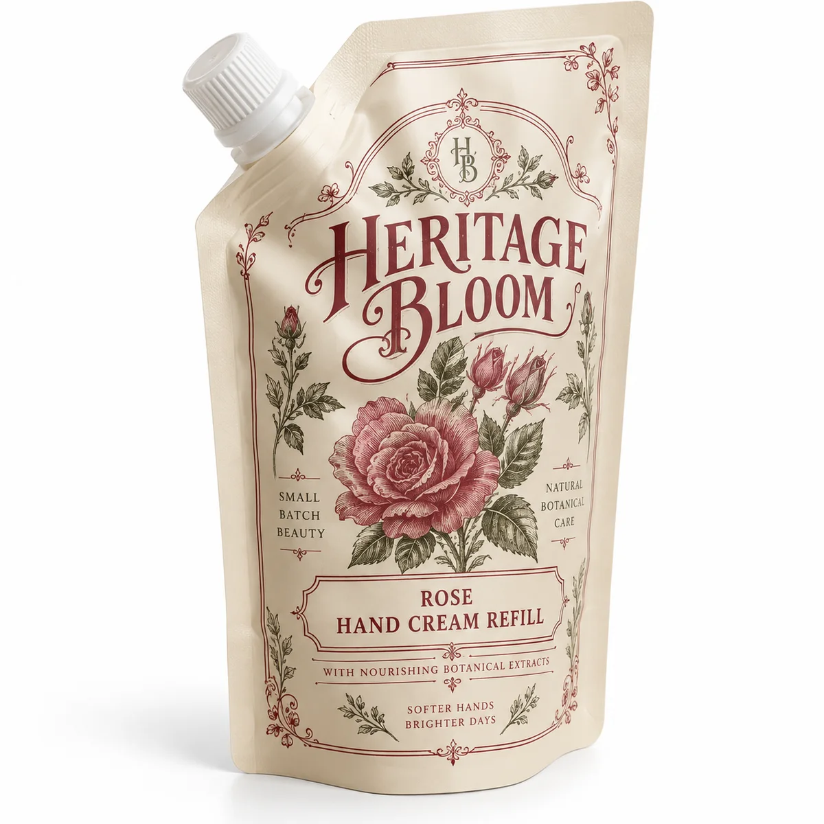 Vintage cream HERITAGE BLOOM hand cream pouch with burgundy typography, rose illustrations and a white cap.