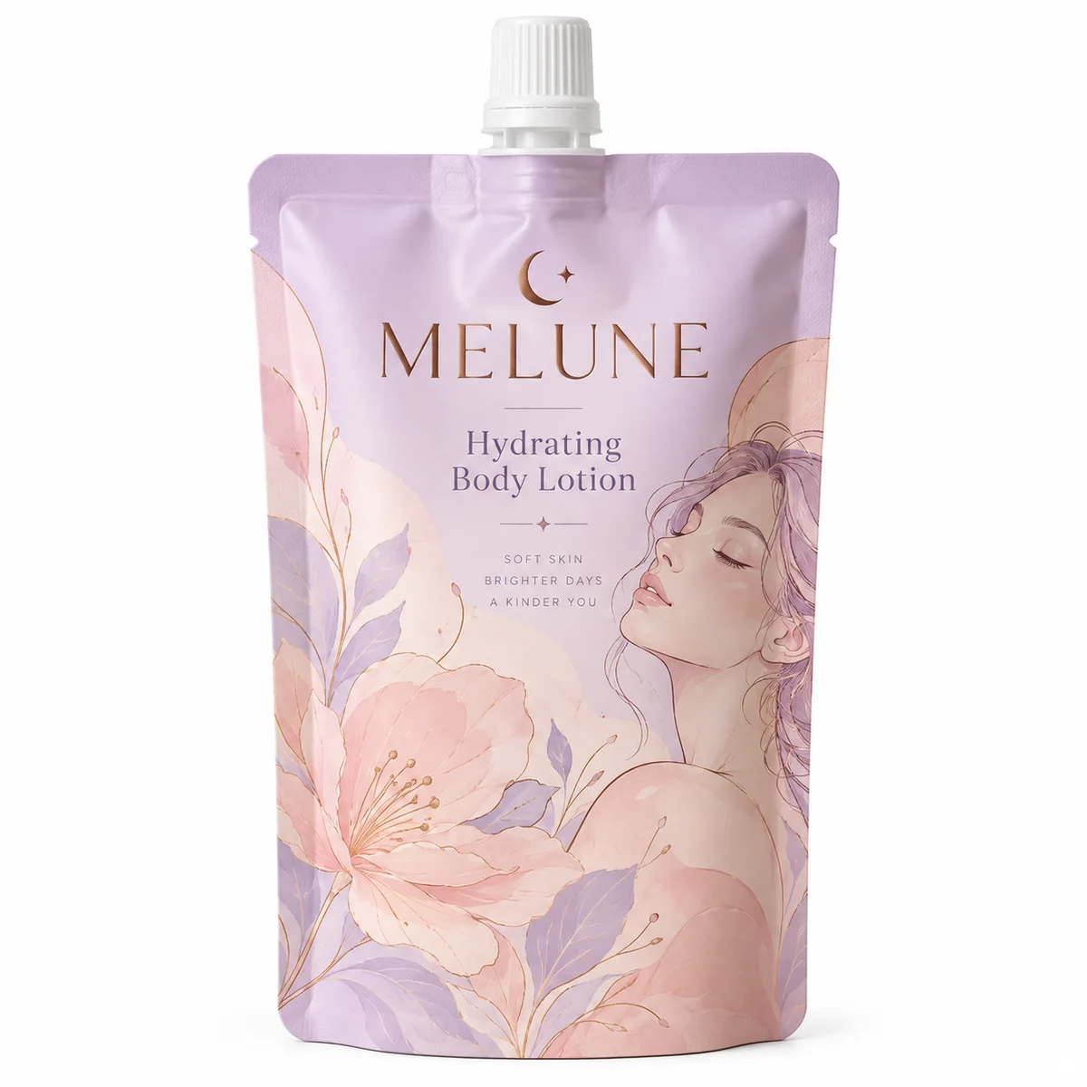 Pastel lavender MELUNE body lotion pouch with peach floral artwork, an illustrated portrait and a white spout.