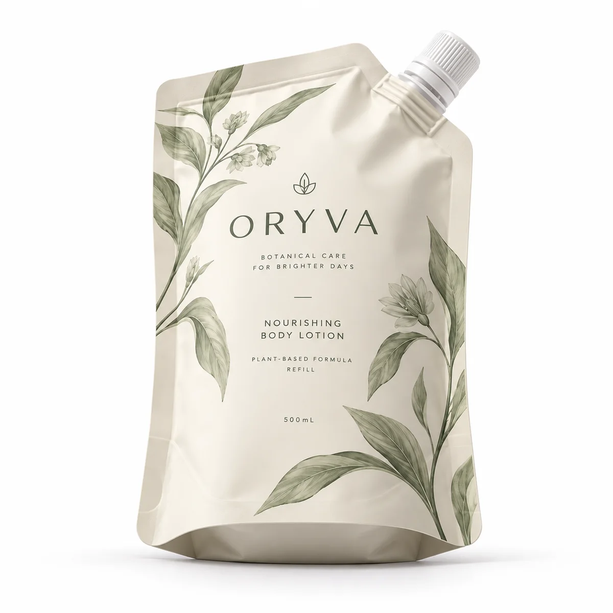 Low-angle view of the ORYVA cosmetic spout pouch showing its expanded bottom gusset, botanical print, and corner cap.