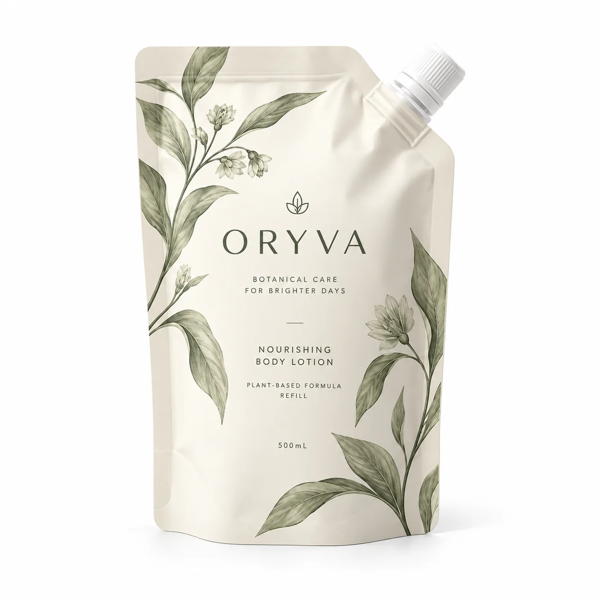 Straight-on front view of the ivory ORYVA cosmetic spout pouch with sage botanical illustrations and a white corner cap.