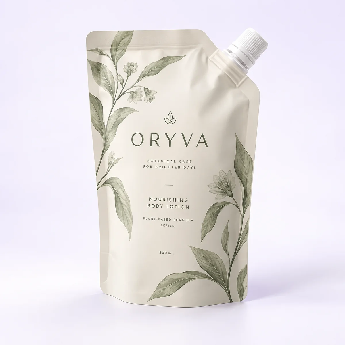 Ivory ORYVA cosmetic spout pouch with sage-green botanical artwork and a white corner screw cap on a pale lilac background.