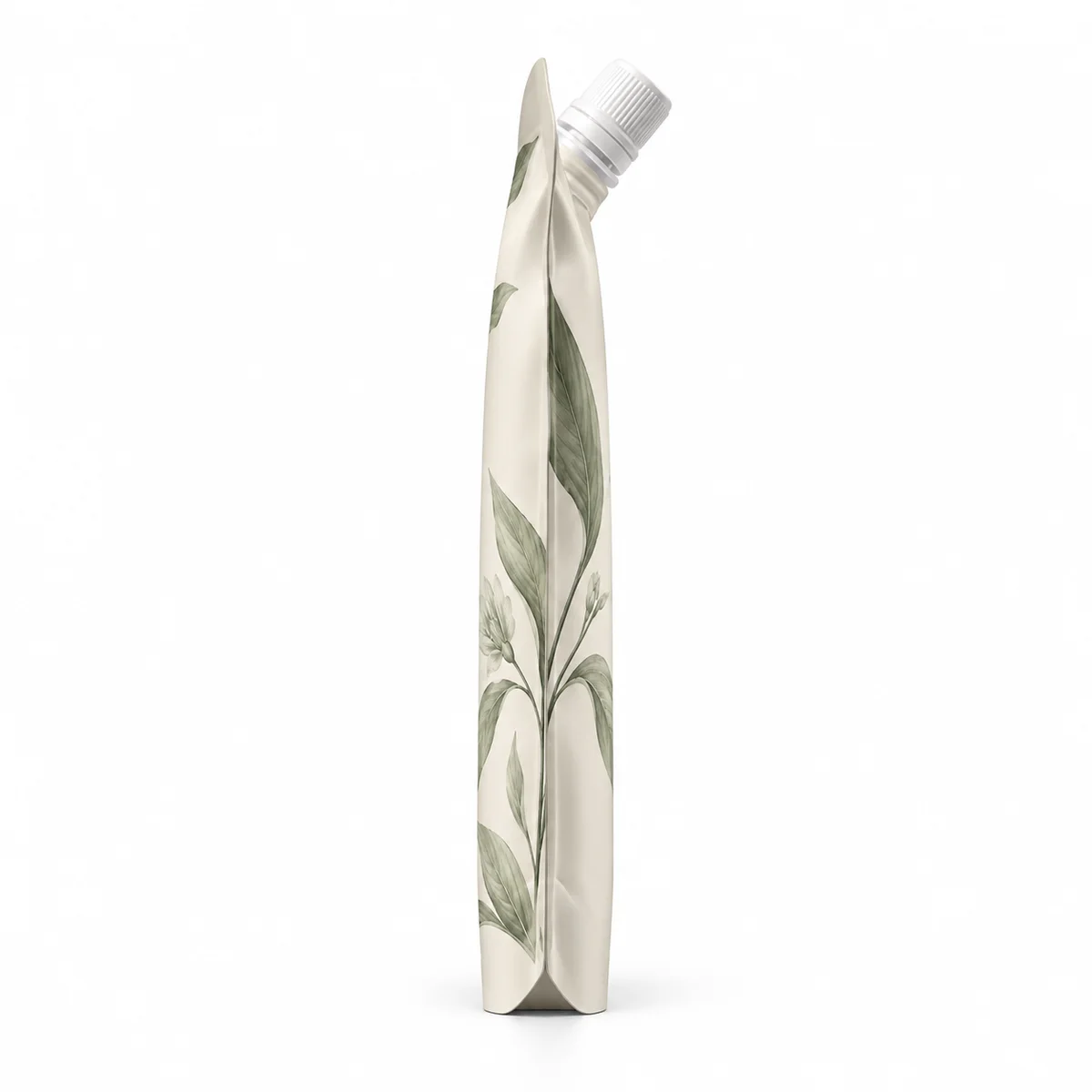 Narrow side profile of an ivory ORYVA cosmetic refill pouch showing the flexible sealed edge and white screw cap.