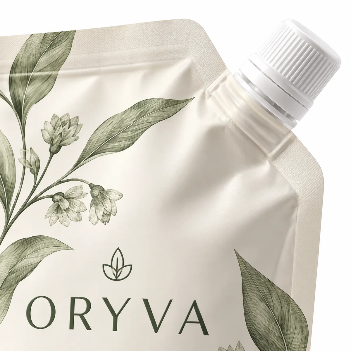 Close-up of the ORYVA cosmetic pouch showing its white ribbed screw cap, spout fitment, and sealed shoulder.
