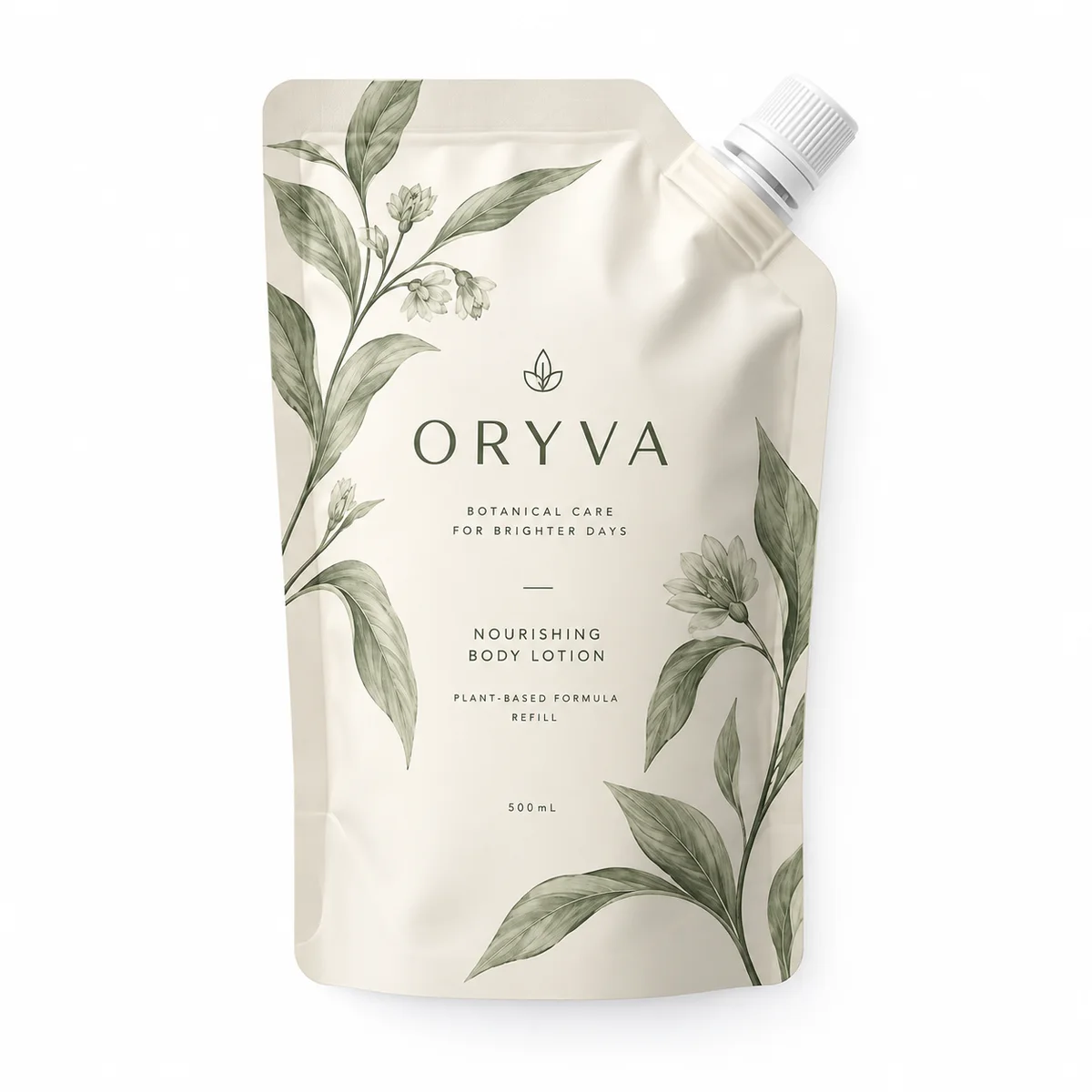 Overhead view of the ivory ORYVA cosmetic spout pouch showing its botanical artwork, sealed edges, and white corner cap.