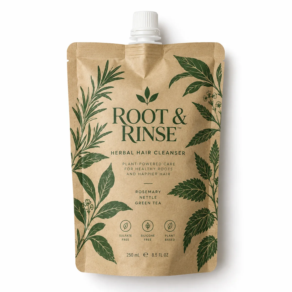 Kraft-look ROOT & RINSE cosmetic pouch with dark green herbal illustrations and a white top spout.