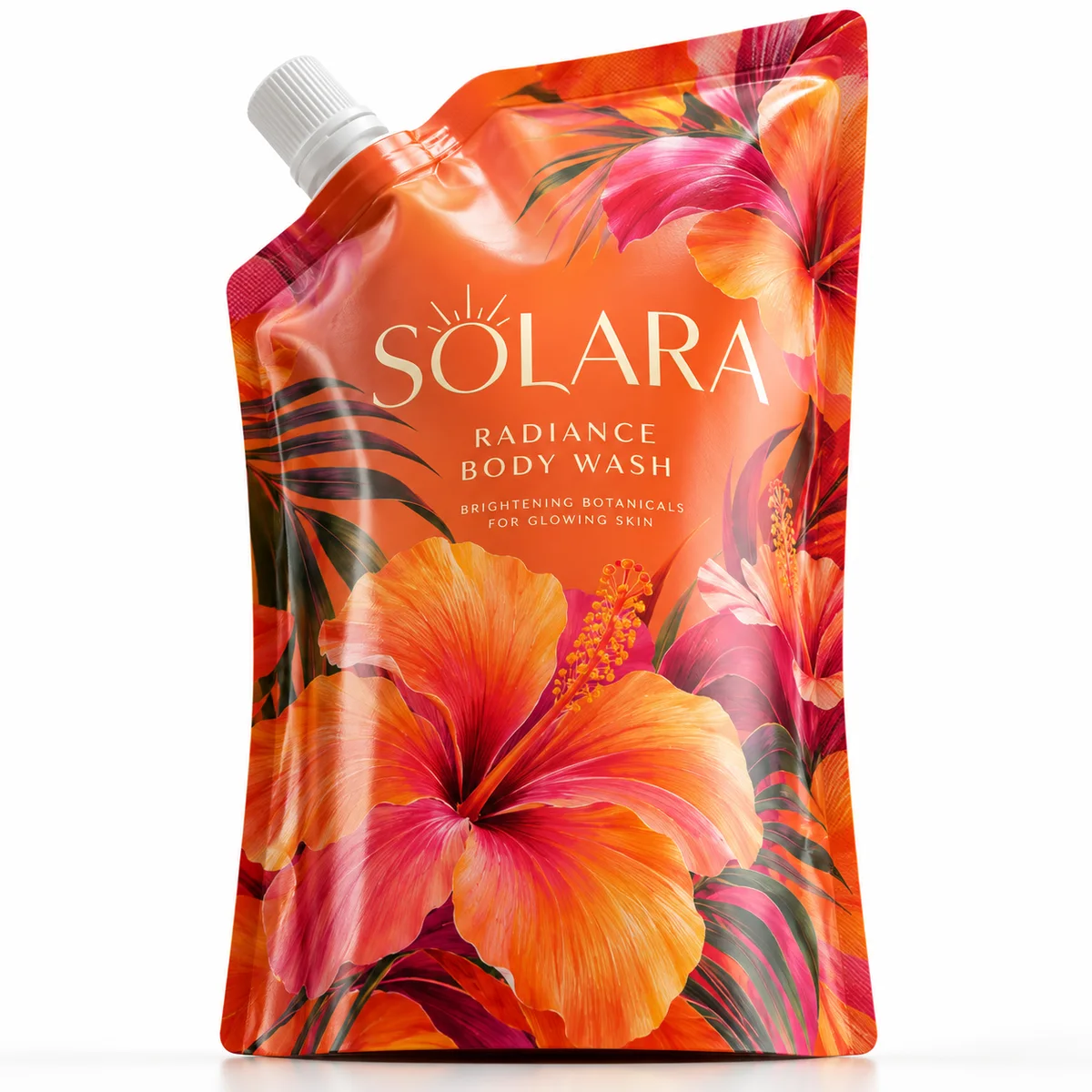 Vibrant orange SOLARA cosmetic spout pouch with large tropical flower illustrations and a white corner cap.