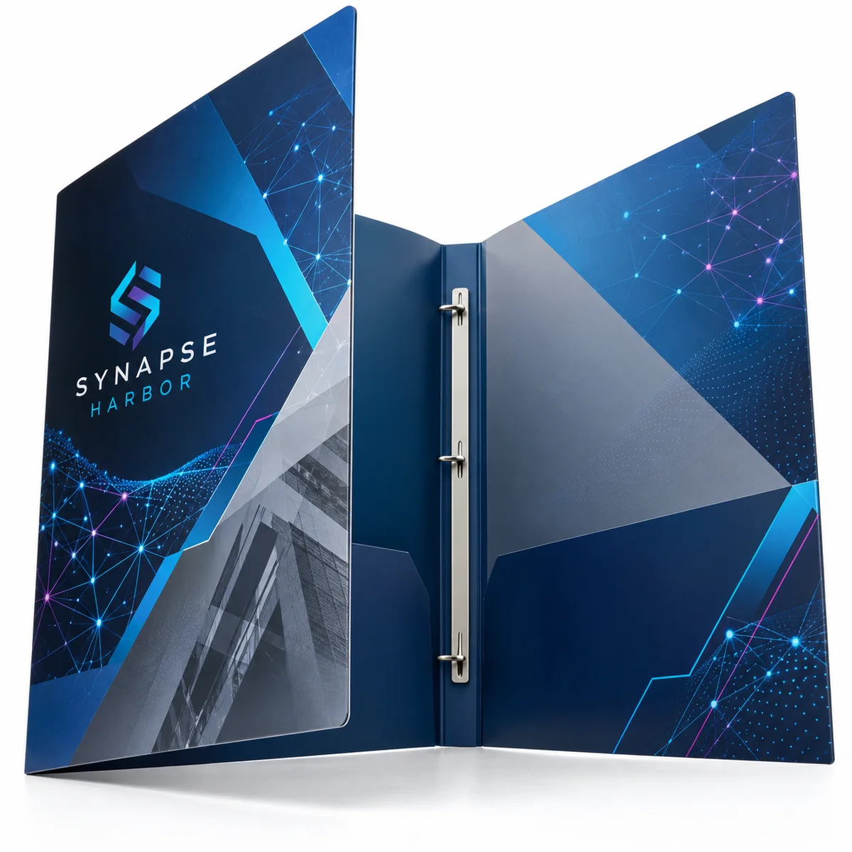 Open Synapse Harbor presentation folder with navy geometric panels, cyan network graphics, interior pockets, and metal fasteners.