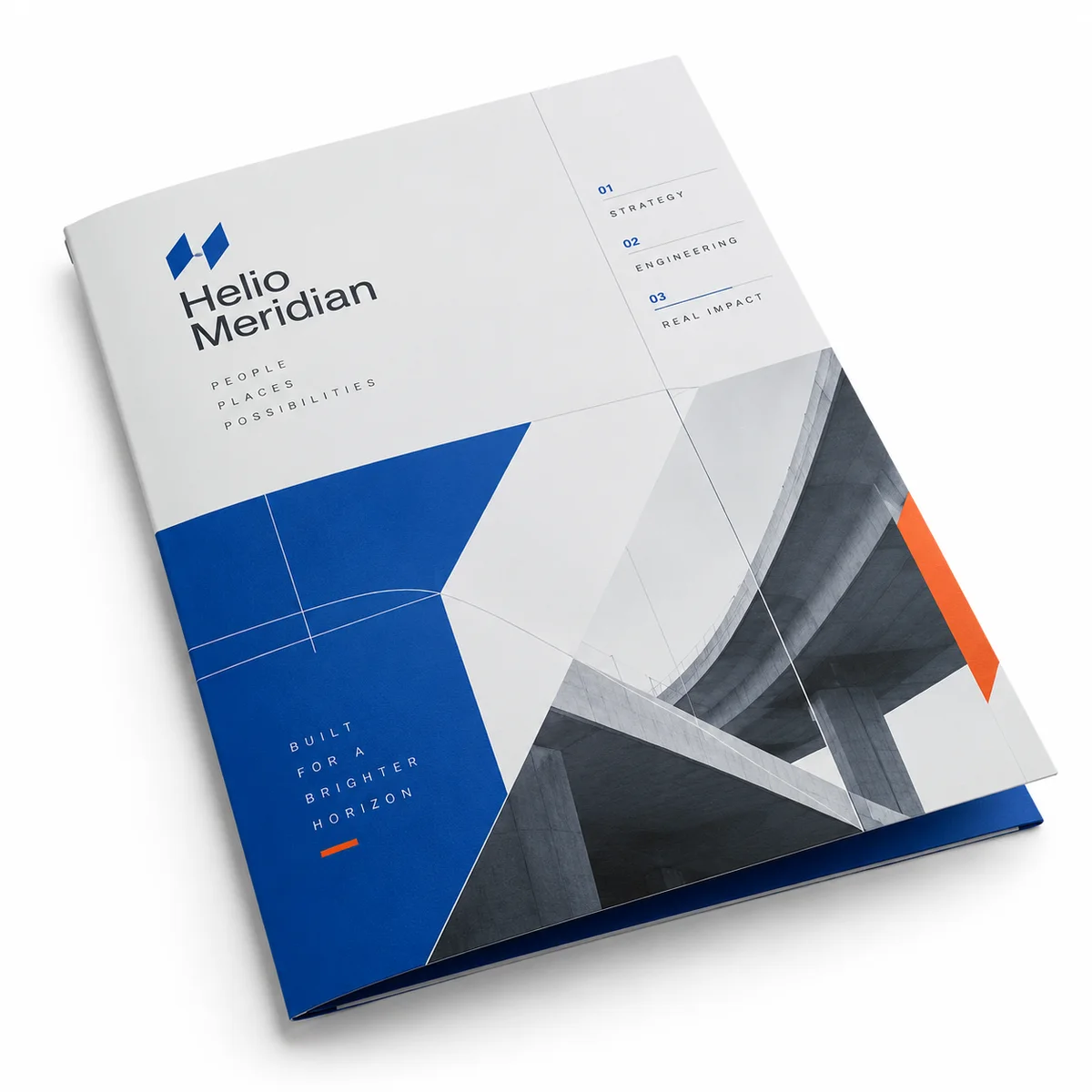 Closed custom 3 prong pocket folder for Helio Meridian with cobalt blue geometric artwork and architectural graphics.