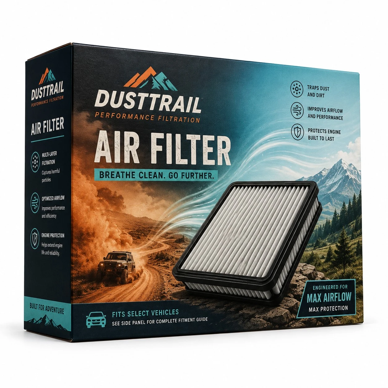 custom air filter packaging dusttrail illustrated