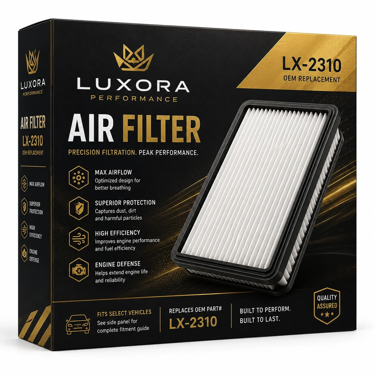custom air filter packaging luxora black gold