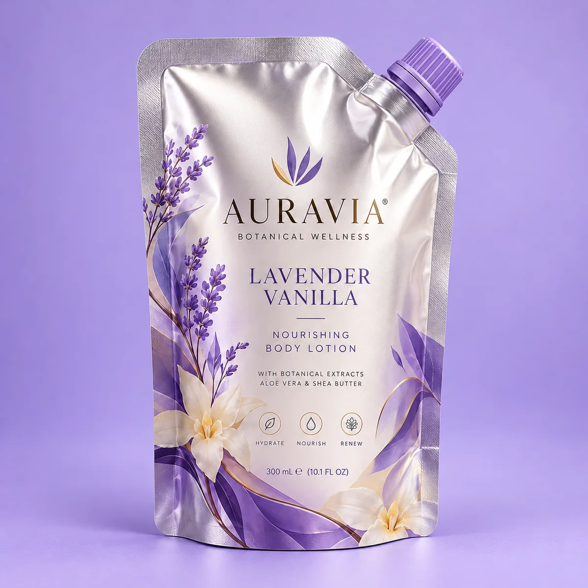 Straight-on view of custom aluminum spouted pouch with heat-sealed edges and lavender vanilla product artwork