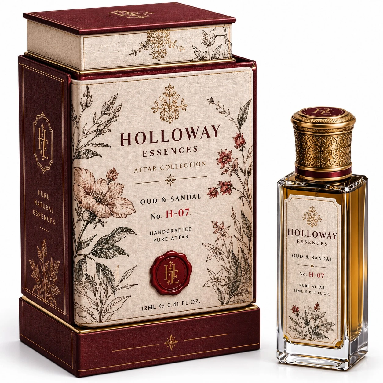 custom attar packaging boxes burgundy botanical heritage
